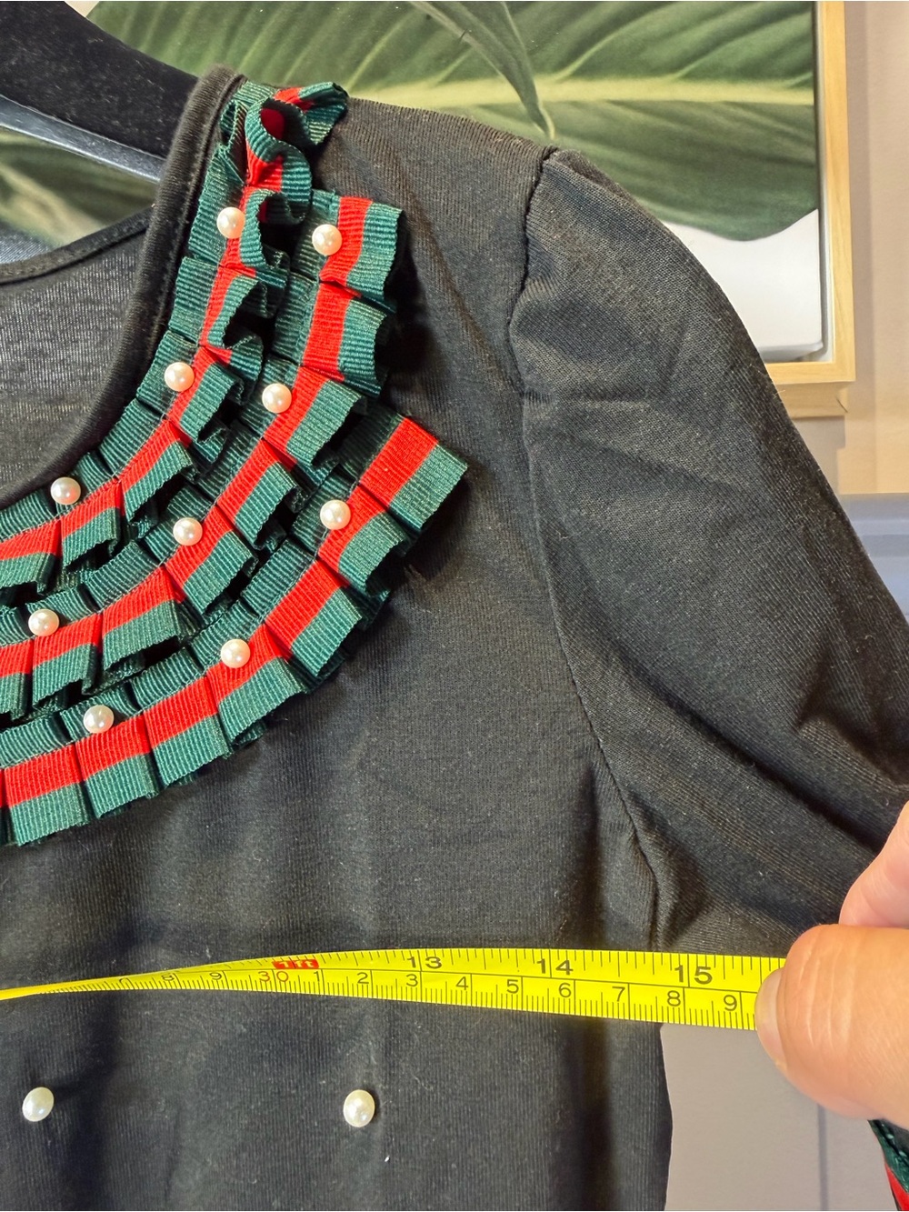 Black Pearl-Embellished Top with Green & Red Trim S - Picture 5 of 7
